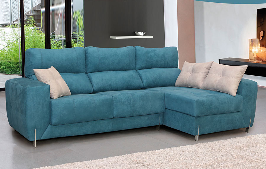 Sofá de tela azul con chaisse-longue